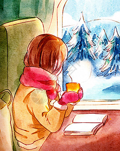 手绘北国火车上的旅途竖图图片