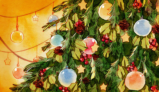 圣诞节手绘水彩水彩浪漫复古圣诞树插画