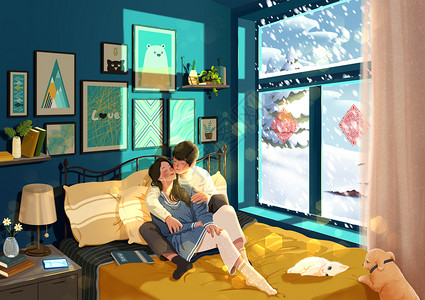 床头柜图片冬季阳光不及你的温暖冬天情侣居家插画插画