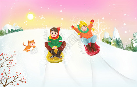 冬天雪地雪树下雪天玩滑雪的儿童插画