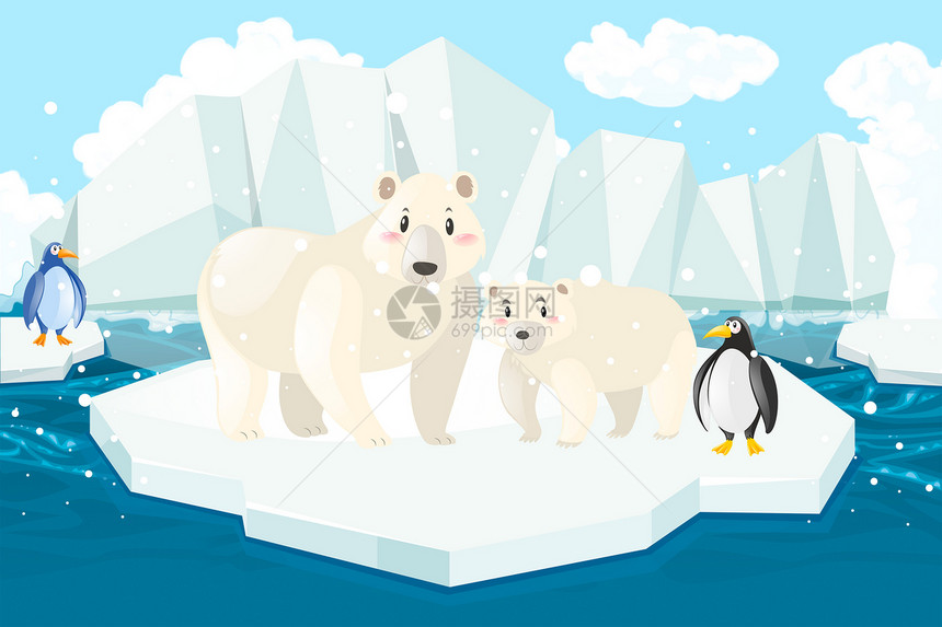 全球变暖冰块上的企鹅和北极熊图片