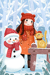 冬天堆雪人的小女孩和猫咪图片