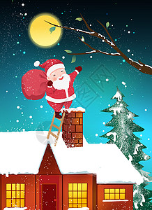 圣诞节雪屋海报圣诞老人爬烟囱送礼物插画