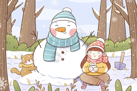 手绘小寒女孩与雪人插画图片