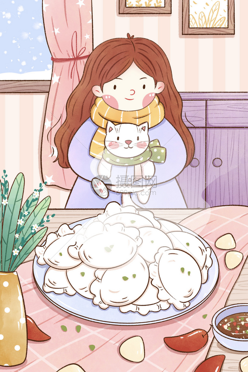 冬至节气女孩与饺子插画图片