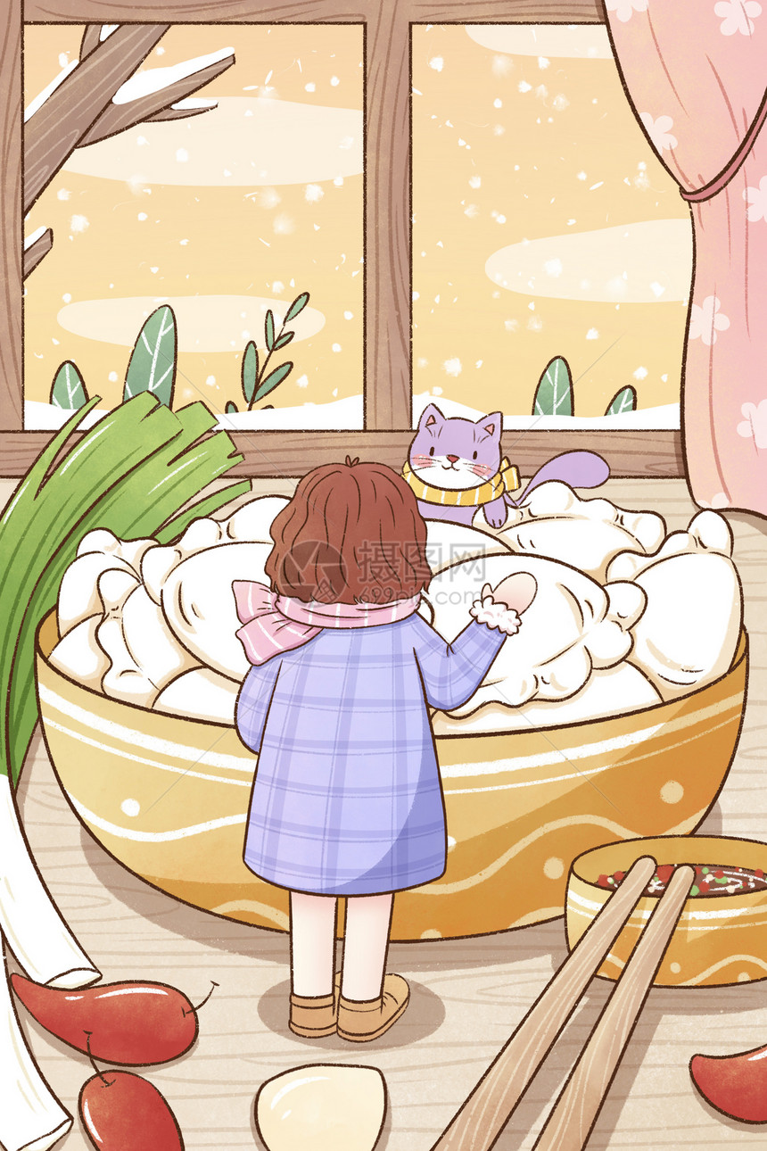 冬至女孩吃饺子插画图片