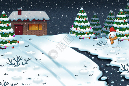 雪夜里圣诞树滑雪送礼物的圣诞老人GIF高清图片