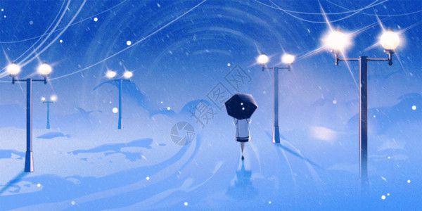 伞户外冬日路灯下的雪景GIF高清图片