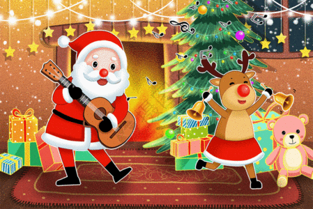 圣诞节跳舞的圣诞老人和麋鹿GIF图片