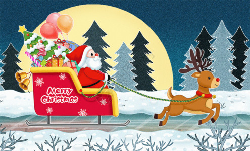 麋鹿头饰雪橇上的圣诞老人去送礼物GIF高清图片