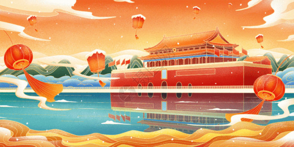 灯笼画国潮鎏金中国新年首都北京天安门GIF高清图片