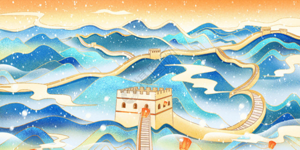 城堡城市国潮鎏金中国新年首都北京万里长城GIF高清图片