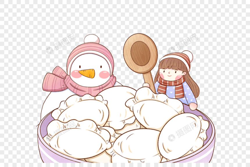 女孩与雪人吃饺子图片