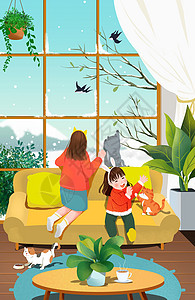 冬季觅食的小鸟冬天亲子家庭居家插画插画