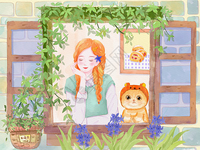 墙和窗户春天气息少女和猫咪水彩插画插画