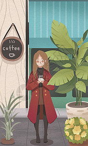 咖啡屋背景春天咖啡屋女孩插画