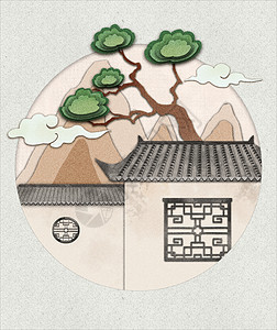 剪纸风中式建筑中国风插画图片