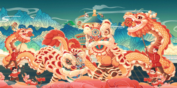 中國建築国风舞龙舞狮新年贺图横板GIF高清图片