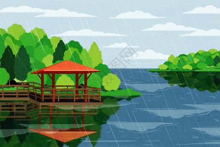 江南小苑雨中的亭子插画