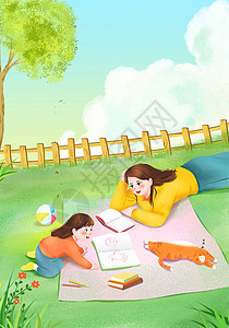 妈妈和孩子海报春游户外亲子陪伴插画插画