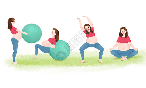 女性瑜伽球休息练瑜珈的孕妇插画