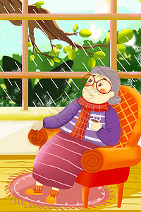 窗外的雨雨水时节看雨的老奶奶插画