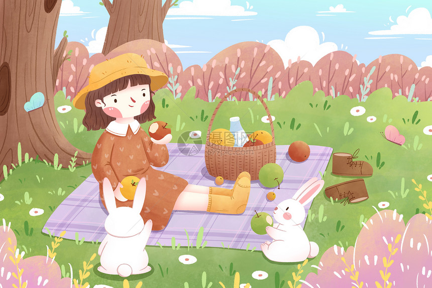 春分女孩森林野餐插画图片