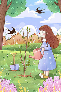 给植物浇水女孩植树节女孩给树苗浇水插画插画