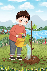 给树浇水的男孩植树高清图片素材