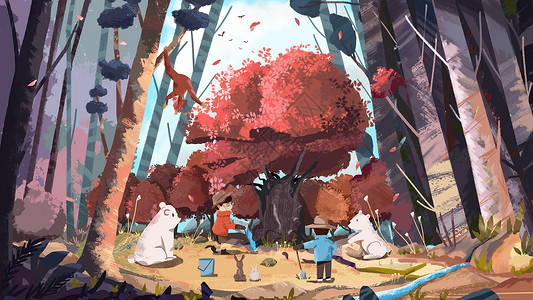植树节森林中小朋友一起和动物植树背景图片