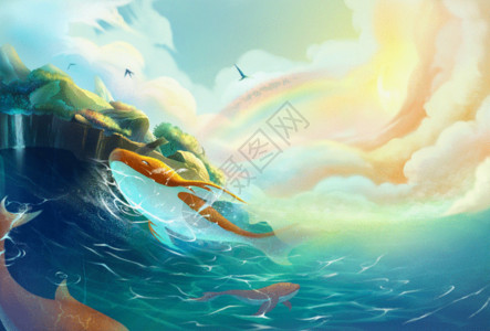 海浪与美少女梦幻小岛与鲸鱼GIF高清图片