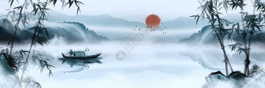 中式山水竹子背景水墨背景设计图片
