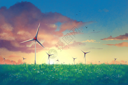 地球一小时海报夕阳下的草原风车插画