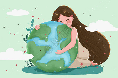 拥抱绿色拥抱地球的女孩插画