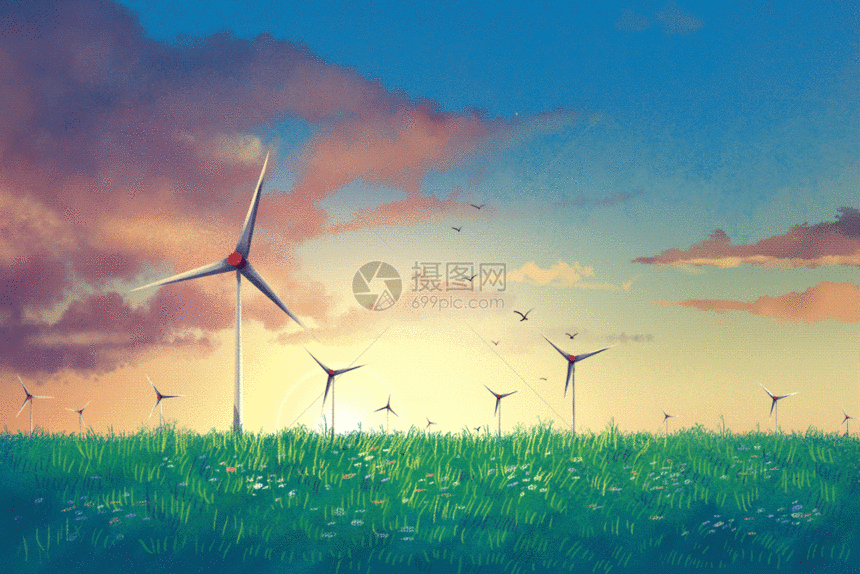 夕阳下的草原风车GIF图片