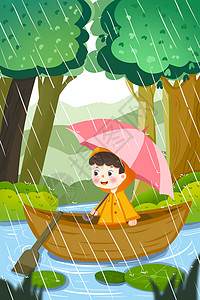 清明时节丛林中划船的小男孩背景图片