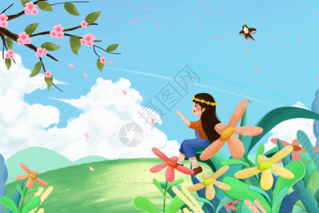 全景草原风景坐在花丛里的女孩GIF高清图片