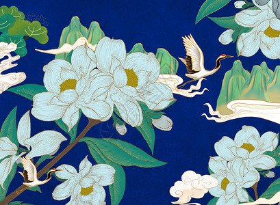 中国风蓝色纹理国潮花卉背景插画
