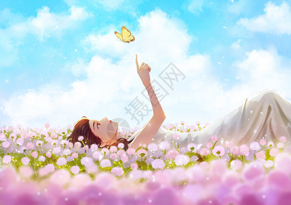 美女蝴蝶春天躺在花丛的少女插画