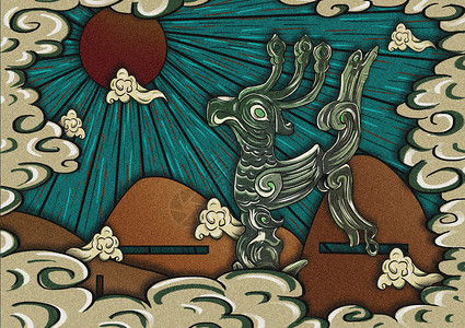 国家宝藏三星堆考古文物太阳鸟插画