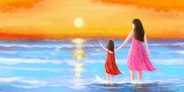 母亲节看海的妈妈和女儿高清图片