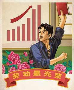 公司宣传海报劳动节工作业绩复古海报插画