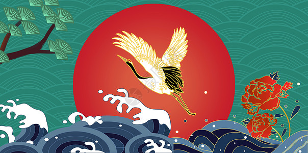 传统的日本国潮仙鹤背景设计图片