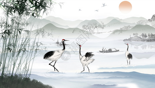 中式山水竹子背景水墨仙鹤背景设计图片