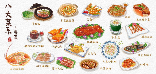 八大菜系粤菜水彩手绘美食插画背景图片