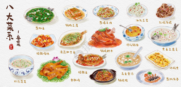 八大菜系鲁菜水彩手绘美食插画高清图片