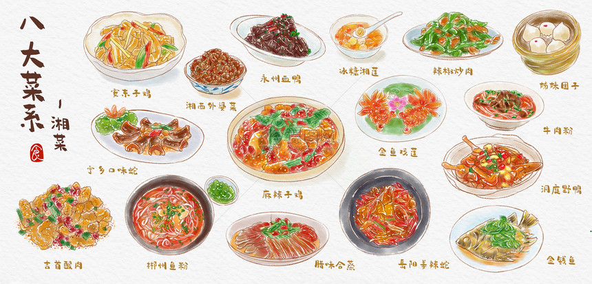 八大菜系湘菜水彩手绘美食插画图片