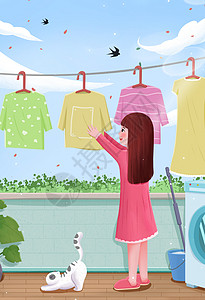 节日宣传海报在阳台晾晒衣服的女孩插画