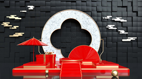 红色龙凤油纸伞3D国潮展台设计图片