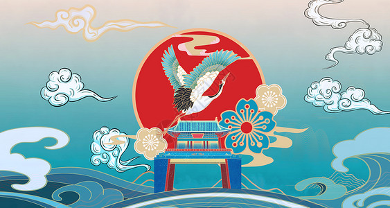 中国古典园林建筑风景国潮仙鹤背景设计图片